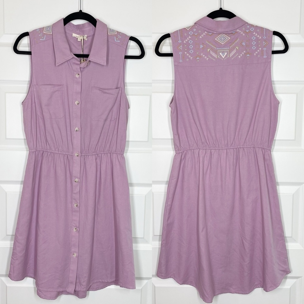 New Boutique Linen Blend Lilc Embroidered Button Down Festival Shirt Dress